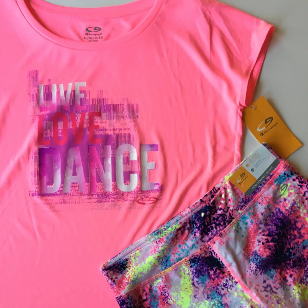 New Pink Dance Shorts Shirt Live Love Outfit Active Girls Neon XL